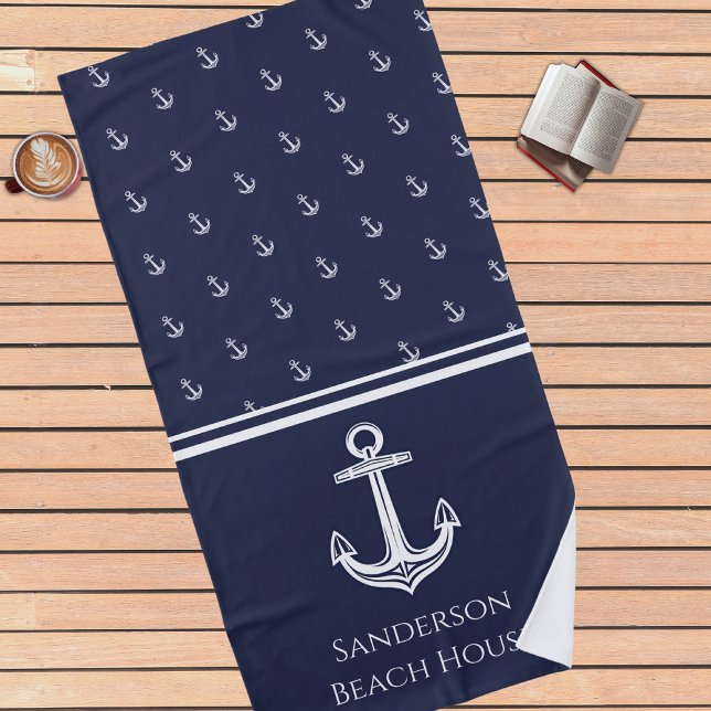 Custom Nautical Anchor  Bathroom Ocean Navy Blue Beach Towel (Creator Uploaded)