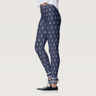 Custom Nautical Anchor  Bathroom Ocean Navy Blue Leggings