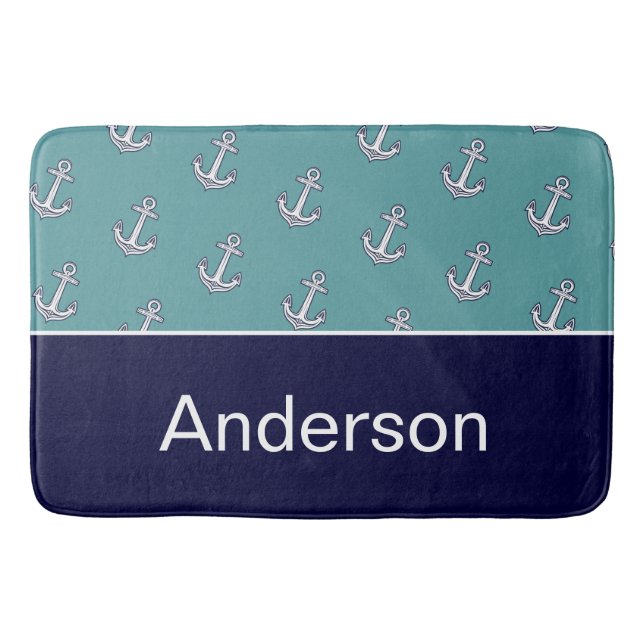 Custom Nautical Anchor Bathroom Teal Navy Blue Bat Bath Mat (Front)