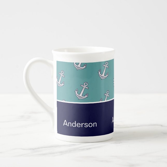 Custom Nautical Anchor Bathroom Teal Navy Blue  Bone China Mug (Left)