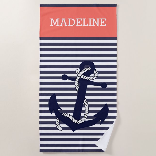 Custom Nautical Anchor Blue Coral Orange Stripes Beach Towel (Front)