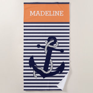 Custom Nautical Anchor Blue Light Orange Stripes Beach Towel