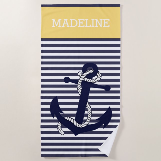 Custom Nautical Anchor Blue Sunny Yellow Stripes Beach Towel (Front)