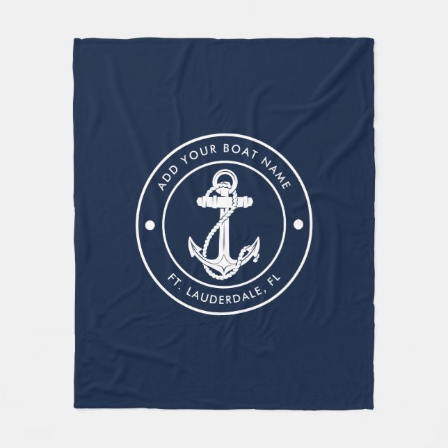 Custom Nautical Anchor Boat Name Navy Blue Boating Fleece Blanket (Front)