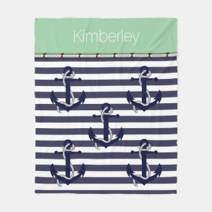 Custom Nautical Anchor Chic Stripes Pattern Fleece Blanket