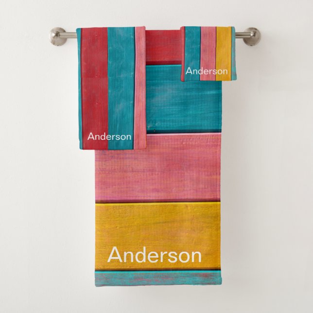 Custom Nautical Anchor Colourful Beach Rustic Wood Bath Towel Set (Insitu)