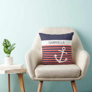 Custom Nautical Anchor Coral Orange Stripe Pattern Throw Pillow
