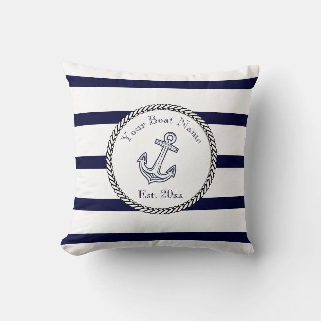Custom Nautical Anchor Navy Blue stripes Throw Pil Throw Pillow (Front)