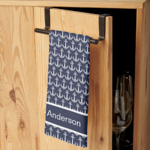 Custom Nautical Anchor Ocean Navy Blue  Kitchen Towel