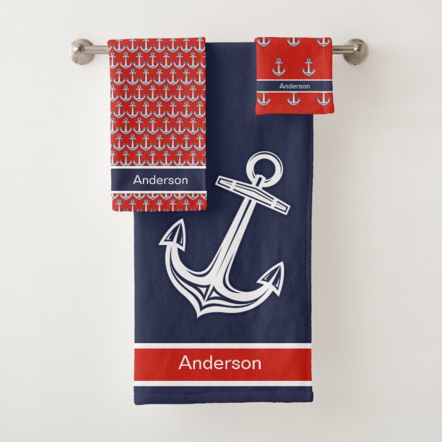 Custom Nautical Anchor Ocean Red Blue White Bath Bath Towel Set (Insitu)