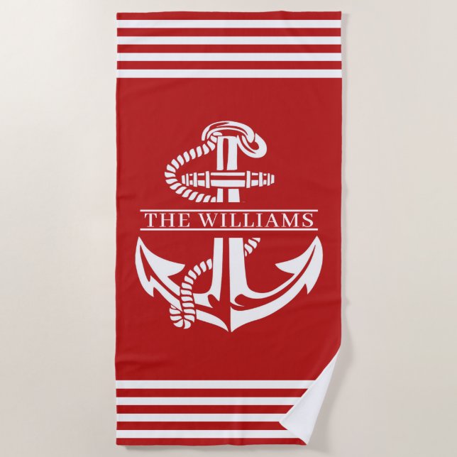 Custom Nautical Anchor On Red And White Stripes Beach Towel (Front)
