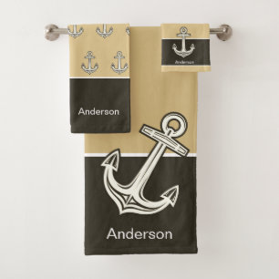 Custom Nautical Anchor Sand Tan Brown  Bath Towel Set