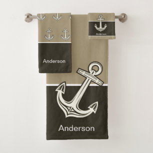 Custom Nautical Anchor Sand Taupe Beige Brown  Bath Towel Set