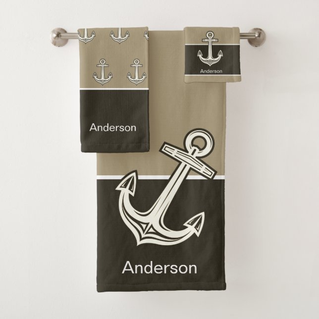Custom Nautical Anchor Sand Taupe Beige Brown  Bath Towel Set (Insitu)