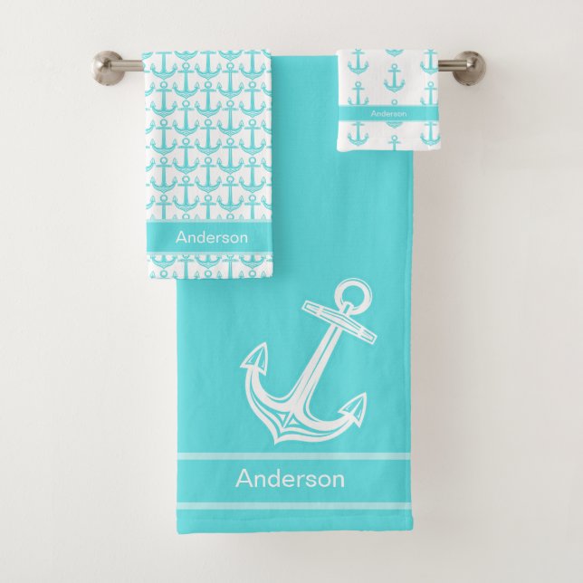 Custom Nautical Anchor Teal Bathroom Blue Aqua Bath Towel Set (Insitu)