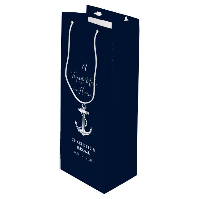 Custom Nautical Anchor Wedding Navy Blue Wine Gift Bag (Front Angled)