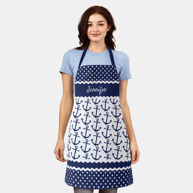 Custom Nautical Anchors White Polkadots Dark Blue Apron (Worn)