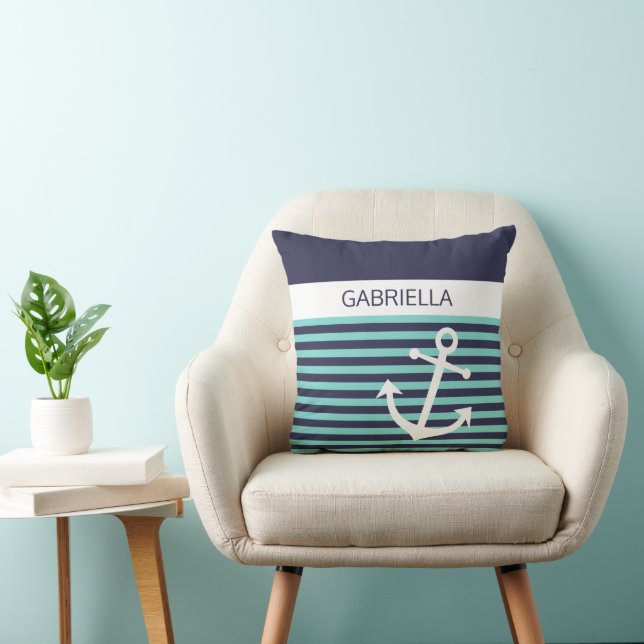 Custom Nautical Aqua Turquoise Blue Stripe Pattern Throw Pillow (Chair)
