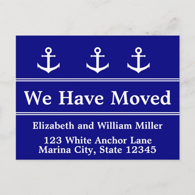 Custom Nautical Blue and White We Have Moved Postcard (Front)