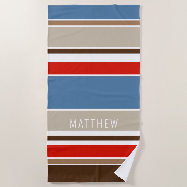 Custom Nautical Blue Dark Brown Red White Stripes Beach Towel (Front)