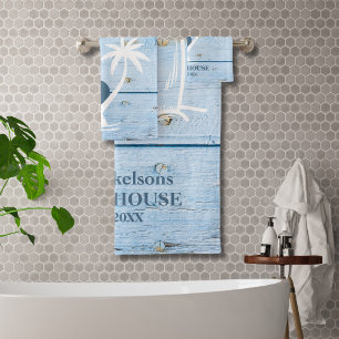 Custom Nautical Blue Wood Beach House Bath Towel Set
