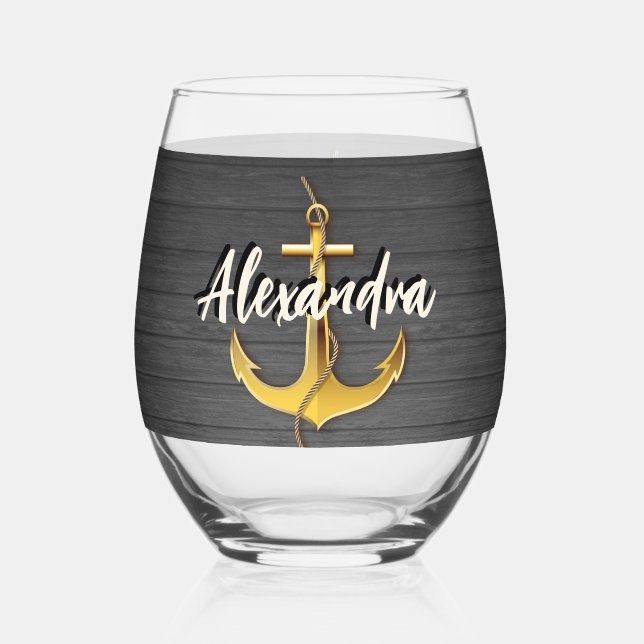 Custom Nautical Boat Anchor Name Wood  Stemless Wine Glass (Front)