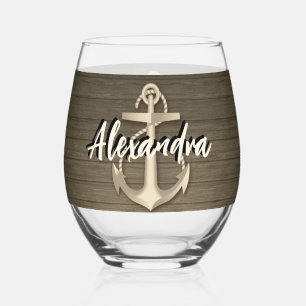 Custom Nautical Boat Anchor Name Wood  Stemless Wine Glass