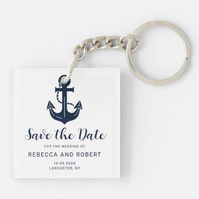 Custom Nautical Boat Name Anchor Save the Date Keychain (Back)
