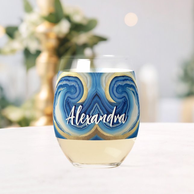 Custom Nautical Boat Name Navy Blue White Marble  Stemless Wine Glass (Insitu (Wedding))