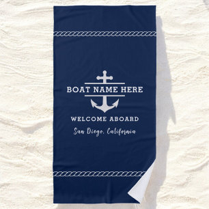 Custom Nautical Boat Name Welcome Aboard Anchor Beach Towel