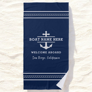 Custom Nautical Boat Name Welcome Aboard Anchor  Beach Towel