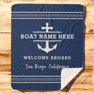 Custom Nautical Boat Name Welcome Aboard Anchor  Sherpa Blanket