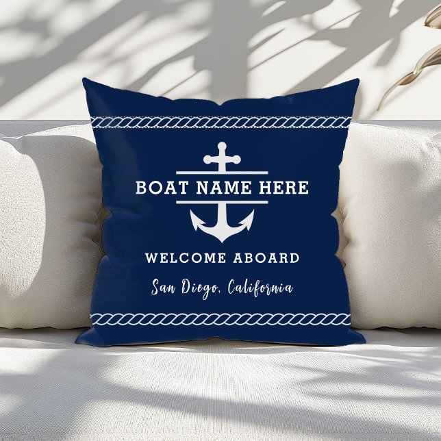 Custom Nautical Boat Name Welcome Aboard Anchor  Throw Pillow (Creator Uploaded)