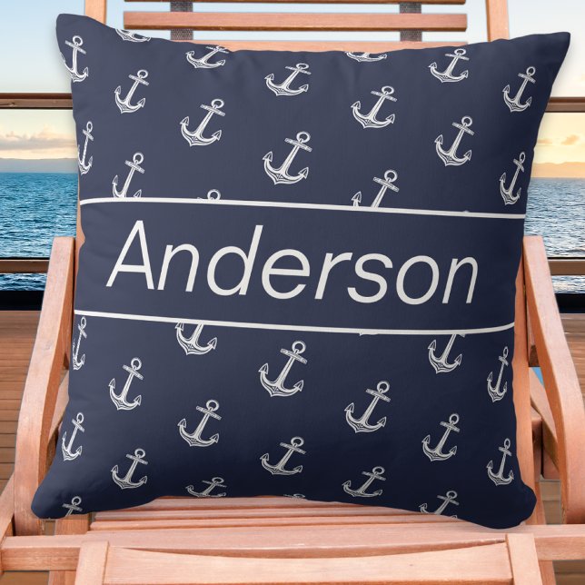 Custom Nautical Coastal Anchor Navy Blue White  Throw Pillow (Creator Uploaded)