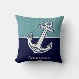 Custom Nautical Coastal Anchor Teal Navy Blue  Throw Pillow