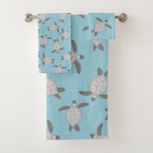 Custom Nautical Coastal Grey Sea Turtle Dusty Blue Bath Towel Set