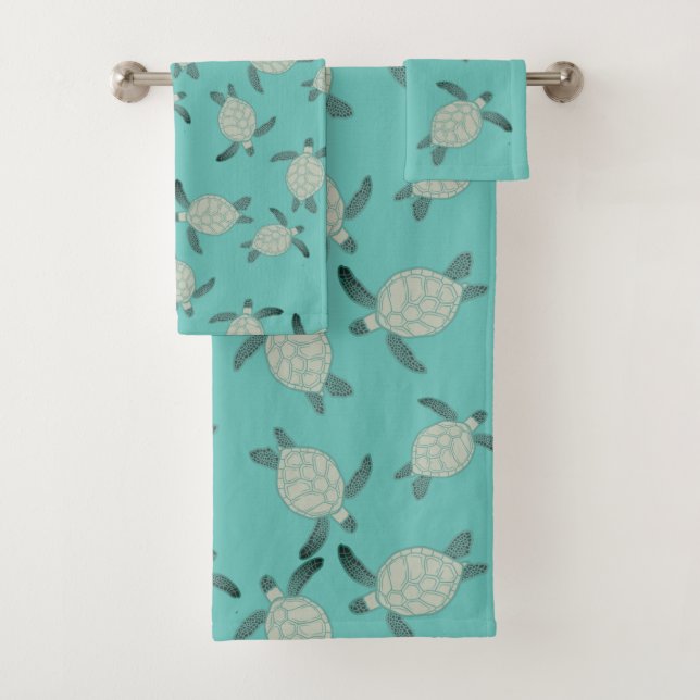 Custom Nautical Coastal Sea Turtle Aqua Blue Green Bath Towel Set (Insitu)