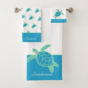Custom Nautical Coastal Sea Turtle Blue and Grey   Bath Towel Set