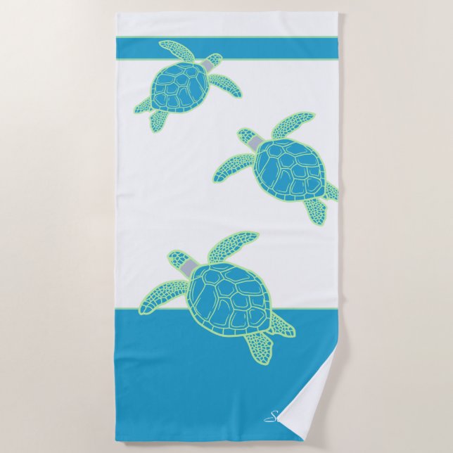 Custom Nautical Coastal Sea Turtle Blue and Grey   Beach Towel (Front)