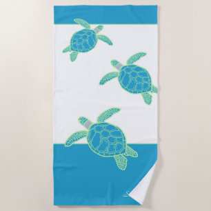 Custom Nautical Coastal Sea Turtle Blue and Grey   Beach Towel