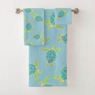 Custom Nautical Coastal Sea Turtle Dusty Blue Bath Towel Set