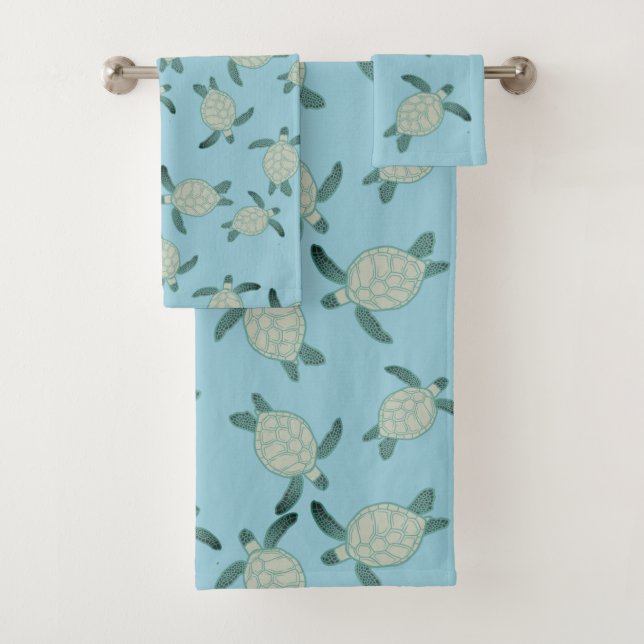 Custom Nautical Coastal Sea Turtle Dusty Blue  Bath Towel Set (Insitu)