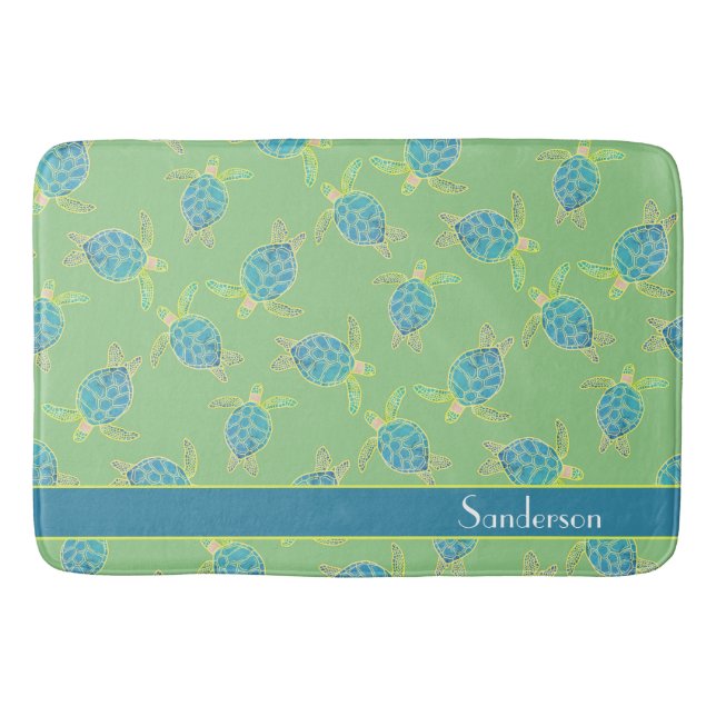 Custom Nautical Coastal Sea Turtle Green  Blue Bath Mat (Front)