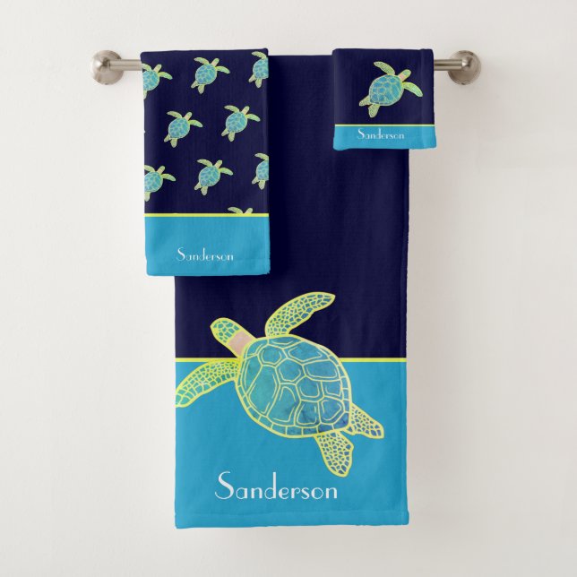 Custom Nautical Coastal Sea Turtle Teal Blue Navy Bath Towel Set (Insitu)