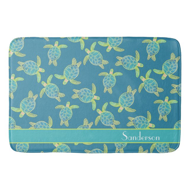 Custom Nautical Coastal Sea Turtle Turquoise Blue Bath Mat (Front)