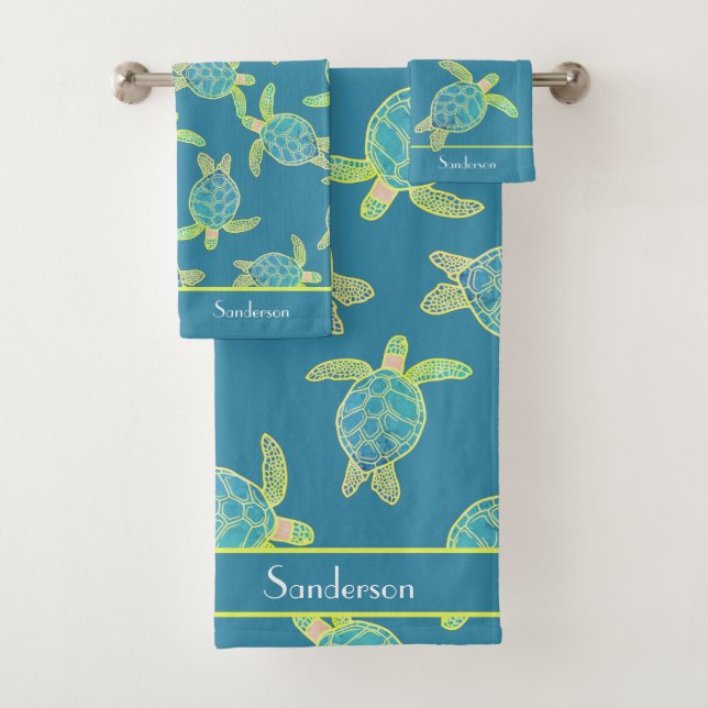 Custom Nautical Coastal Sea Turtle Turquoise  Blue Bath Towel Set (Insitu)