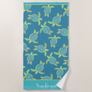Custom Nautical Coastal Sea Turtle Turquoise Blue Beach Towel