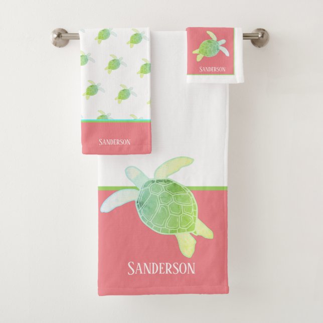 Custom Nautical Coastal Sea Turtle  White Coral Bath Towel Set (Insitu)