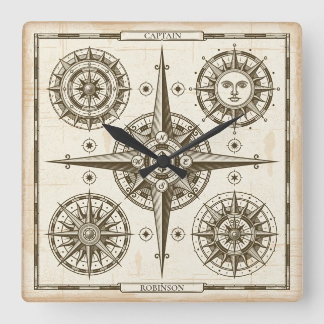 Custom Nautical Compass Square Wall Clock (Front)