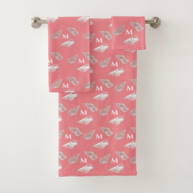 Custom Nautical Coral White Seashell Beach house Bath Towel Set (Insitu)